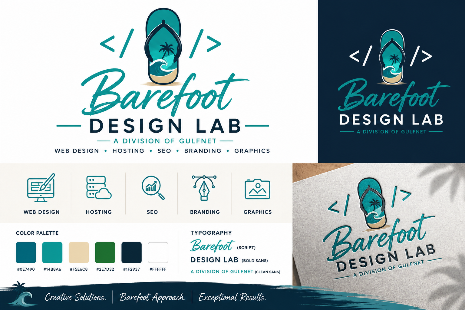 Barefoot Design Lab brand concept board: logo variations, color palette, service icons, and typography.