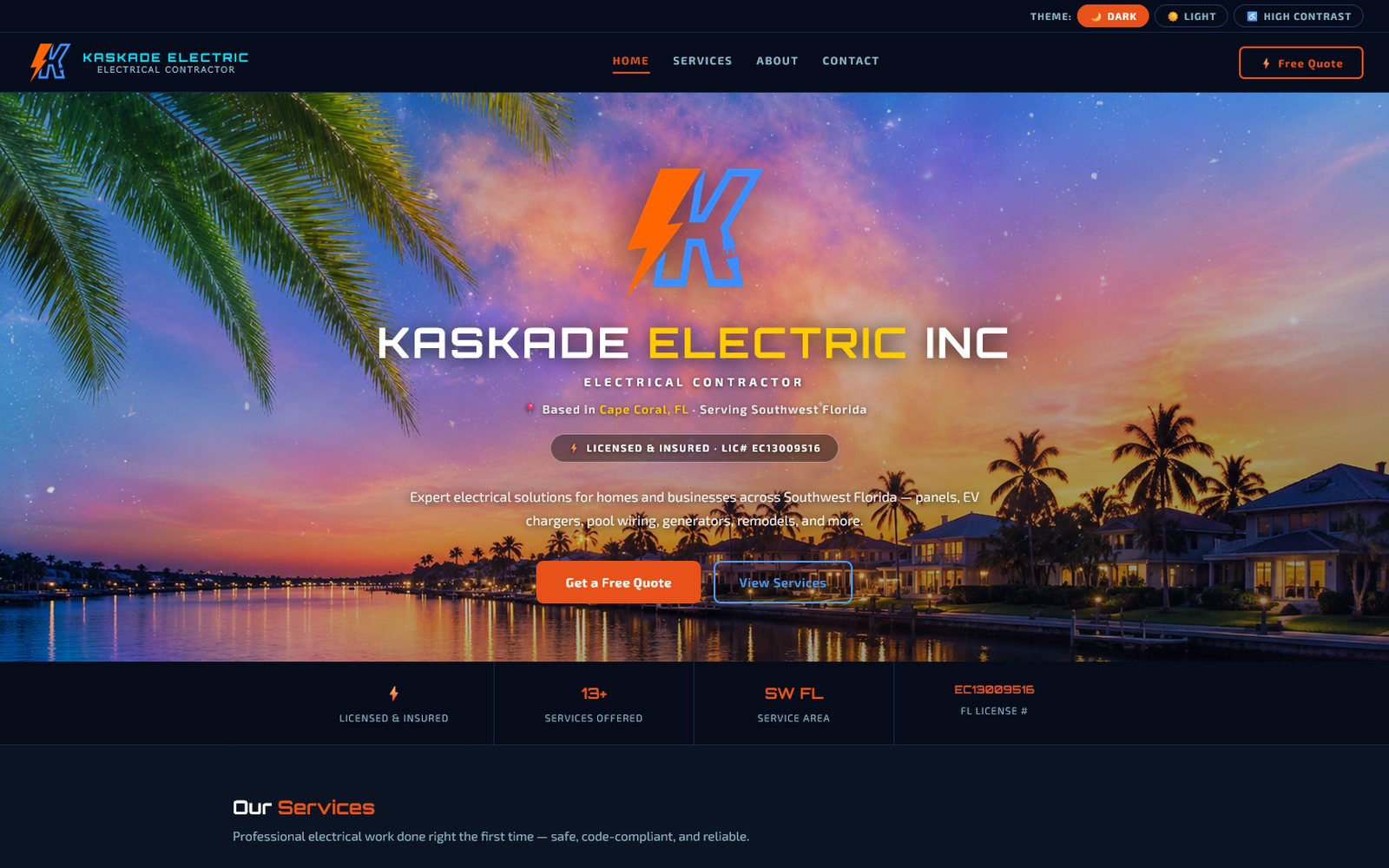 Kaskade Electric Inc website: dark theme, Cape Coral sunset hero photo, bold orange-and-blue logo, services grid.